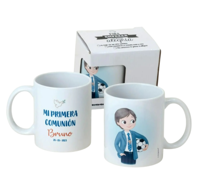 Taza comulgante futboles personalizada como detalle de comunión